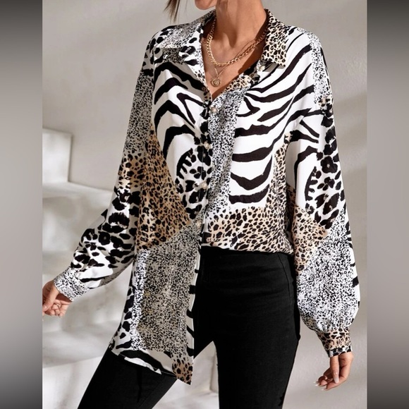 Boho zebra and leopard print button down blouse - Picture 1 of 5
